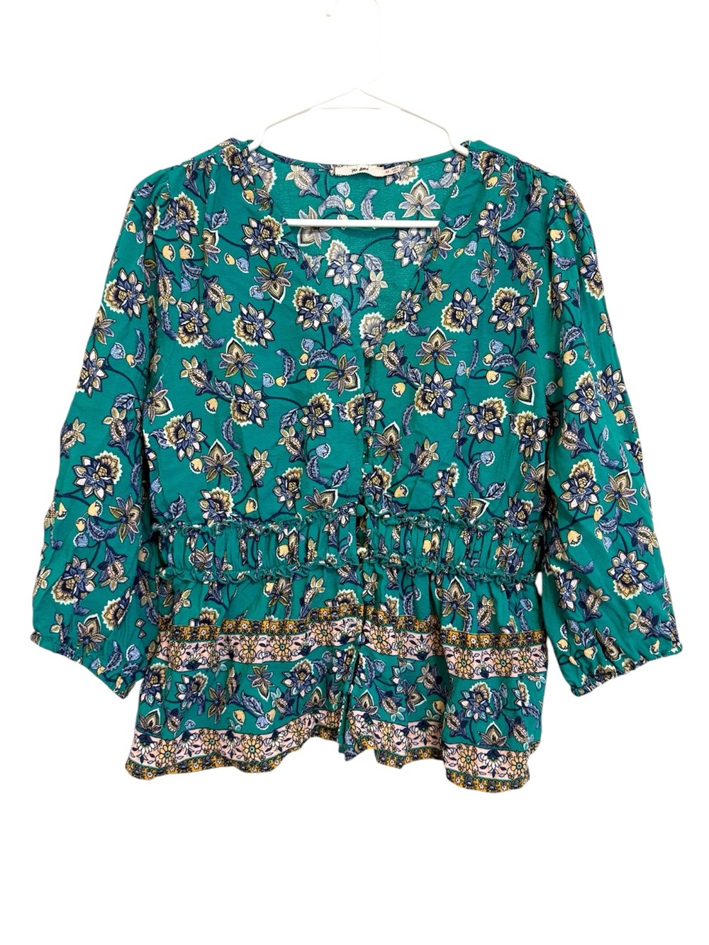 2/$30 Mi Ami Green Floral Boho Peplum Blouse V-Neck 3/4 Sleeve Size Medium